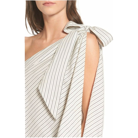 BP. Black & White Pinstripe Split Long Sleeve One Shoulder Dress Blouse Sz XXS - Picture 15 of 16